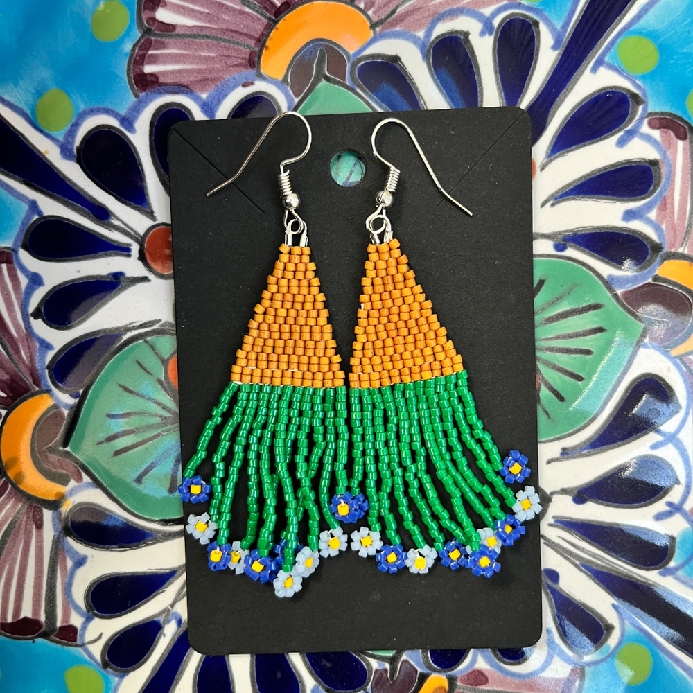 Upside-Down Flower Pot Fringe Earrings (Dangle, Miyuki, Multi, Blue, Green)